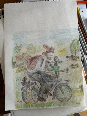 Pettson och Findus  - Pettson och Findus målning/skiss målade med Winsor & Newton pennor. Efterliknad av ”På äventyr med Pettson och Findus” med detaljer som kan urskilja något. Info: Målad på A4 papper men upptar lite mer än halva pappret