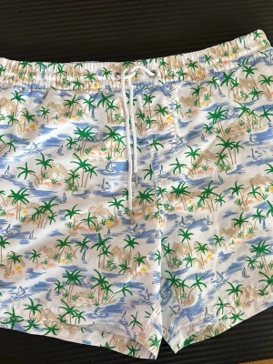 Mönstrade badbyxor från Bondelid - Säljer ett par vita badbyxor från Bondelid med tropiskt motiv av palmer, öar och segelbåtar i grönt, blått och beige. De har resår i midjan med vit dragsko och innerbyxa i mesh. Perfekta för strandhäng eller poolen!