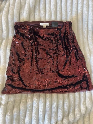 Röd paljettkjol från H&M - Glittrig röd paljettkjol från H&M i storlek 34. Kjolen har en rak, kort modell och är täckt av skimrande paljetter som ger en festlig look. Fodrad insida för extra komfort. Perfekt för dig som vill sticka ut och glänsa. Litet hål bredvid dragkedjan. Dragkejdan är hel och funkar normalt. För den som orkar sy igen ett litet hål. 