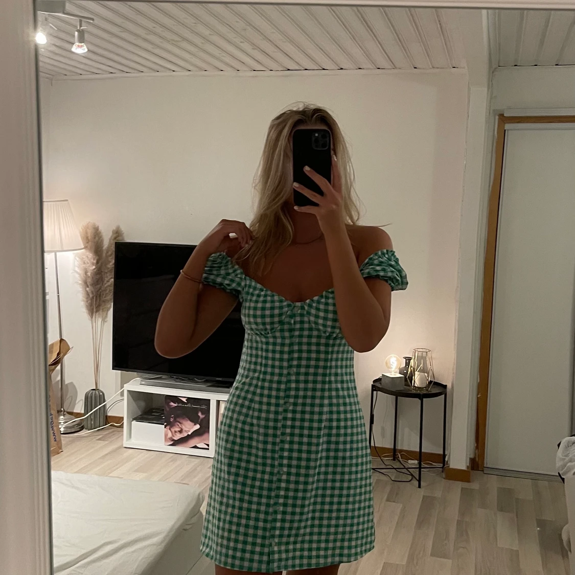 Rutig klänning grön/vit - 90