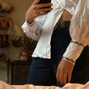 Vit långärmad Skjorta  - Vit långärmad skjorta med vackert broderi på både ärmarna och krage. 100%bomull. Haft länge men endast använd 1 gång pga ute min stil. 
