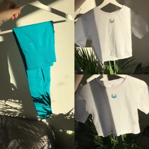 Supersnygga träningstights och träningstoppar  - Riktigt sköna och snygga träningstights och träningstoppar från Lazuli Label. Just dessa färger är slutsålda online. Använda endast 1 gång för tights och både topparna. Super stretchiga och en riktigt snygg sommarfärg. Orginalpris för allt 850 kr. 