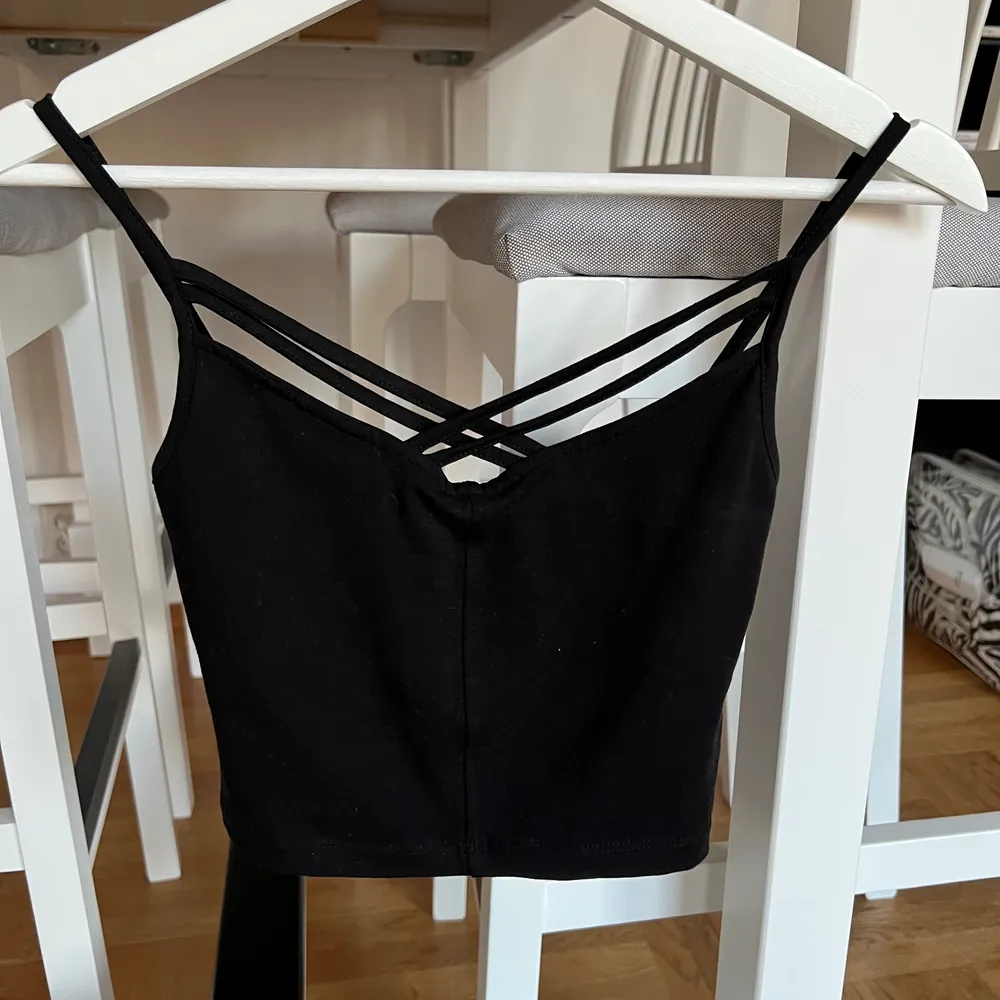 Ett snyggt, svart croppat linne med 2 ”korsade band” över bröstet. Köpt på Gina tricot, lappen sitter kvar så den är helt oanvänd. Toppar.