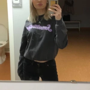 Grå collagetröja  - En grå tröja med lila text. Jätte gosig men används inte. Den passar med ungefär allt. Den är lite kroppad vilket jag tycker är snyggt. 