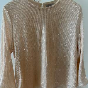 Rosa/guld/beige glittrig tröja från H&M. Säljer då jag inte fått något tillfälle att använda den på. Den är väldigt fin och festlig. Det är storlek L men skulle säga att den passar M och S också🙌🪩✨