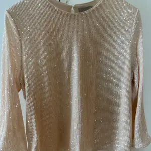 Rosa/guld/beige glittrig tröja från H&M. Säljer då jag inte fått något tillfälle att använda den på. Den är väldigt fin och festlig. Det är storlek L men skulle säga att den passar M och S också🙌🪩✨