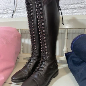 Bruna ridstövlar stl 36 - Nya bruna ridstövlar från hkm med lack och glitter högst upp.  Helsnörning med elastiska snören.  Storlek 36 short/regular. Vadmått 35cm-40cm höjd 41cm Provade ett ridpass men är fel storlek för mig därför jag säljer vidare. 