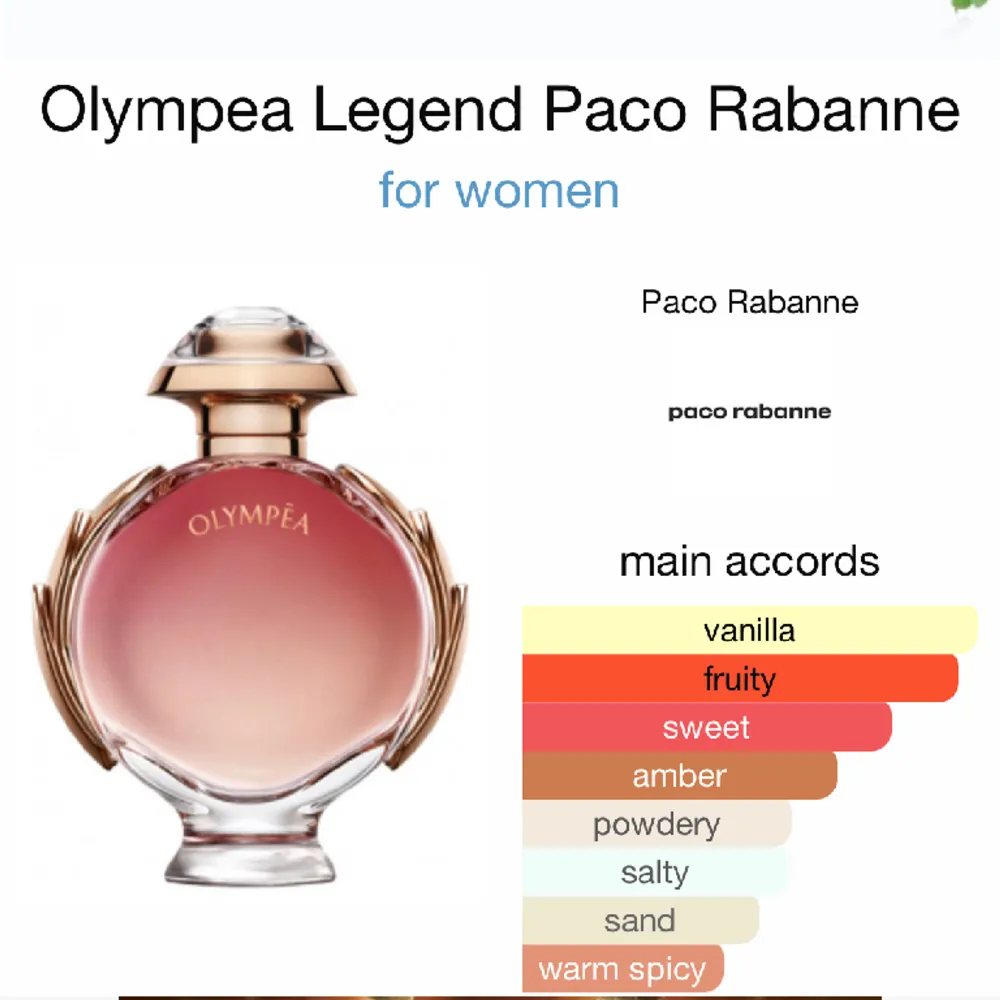 Säljer min Olympea Legend parfym (se beskrivning av doften i bilderna). Olympea Paco Rabannes doft med bäst reviews!! Doften håller superlänge, vilket jag älskar. Ca 3/4-4/5 kvar. Helt slutsåld överallt. Skriv vid frågor och funderingar🥰🥰. Övrigt.
