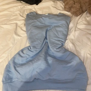 Ljusblå tröja - En ljusblå tröja med långa ärmar och ribbstickade muddar vid ärmslut och nederkant. Tröjan har en enkel design och är tillverkad i ett mjukt material.