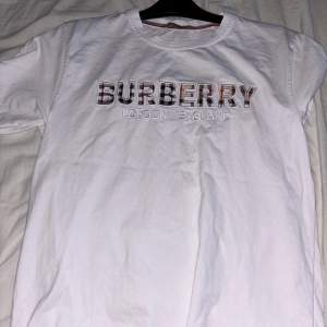 Säljer en snygg vit t-shirt från Burberry med texten 'BURBERRY LONDON ENGLAND' på bröstet. T-shirten är i storlek M och har korta ärmar. Perfekt för en casual look eller att klä upp med en snygg jacka. Passar till alla tillfällen!