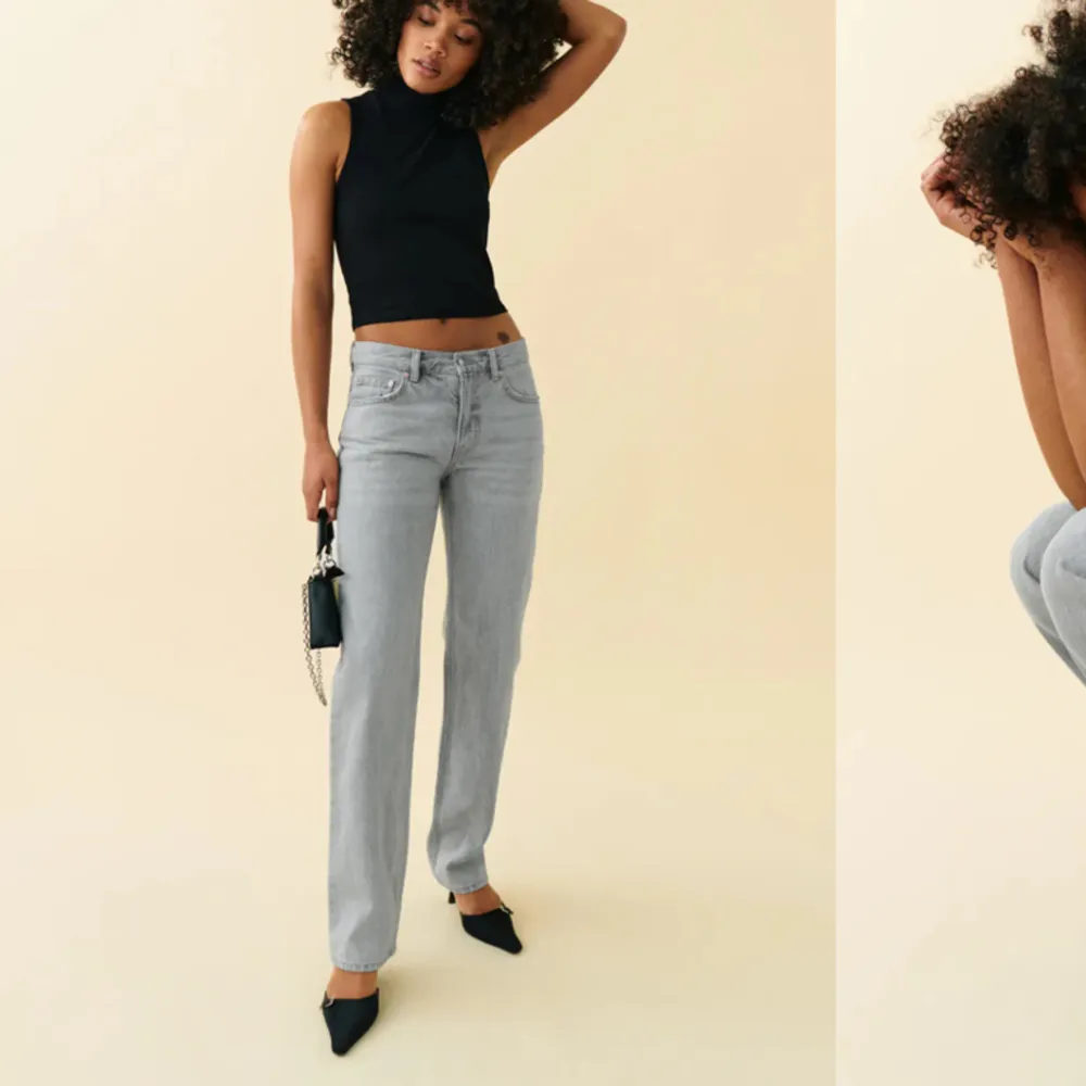 Jag säljer dessa superfina gråa lågmidjade jeansen i storlek 32 från Gina Tricot (low straight jeans). Kommer inte till användning längre. Orginal pris 500 kr, priset går att diskutera.. Jeans & Byxor.