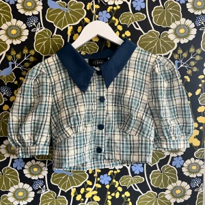 Rutig croppad blus! - Blårutig croppad blus med krage och knappar  Storlek S men har funkat för mig som är M också.   En av knapparna är lite intryckt men det är inget som påverkar tröjan och man ser det inte när man använder det, men därav priset!  Nypris 200 kr