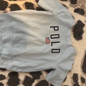 Ljusblå sweatshirt från Polo Ralph Lauren - Snygg ljusblå sweatshirt från Polo Ralph Lauren med broderad text 'POLO' och en liten amerikansk flagga framtill. Tröjan har rund hals och ribbade muddar vid ärmslut och nederkant. Perfekt för en chill och sportig look.