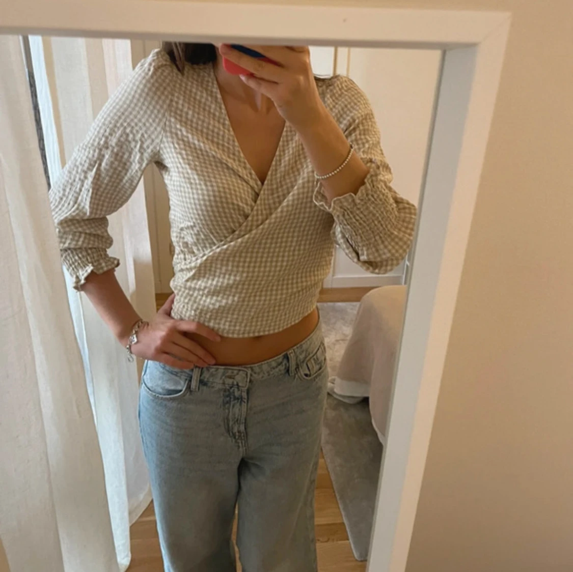 Beige rutig omlottopp - 4