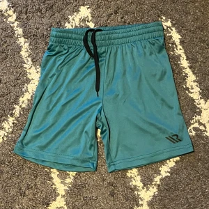 Turkosa träningsshorts från R - Säljer ett par turkosa träningsshorts från R med svart snörning i midjan och elastisk resår. Shortsen har en stilren design med logga på benet och är gjorda i ett lätt och syntetiskt material som passar perfekt för sport och aktivitet.
