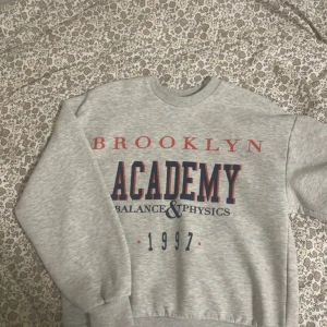 Grå sweatshirt Brooklyn Academy Gina Tricot - Grå sweatshirt från Gina Tricot med tryck i rött och mörkblått där det står 'Brooklyn Academy Balance & Physics 1997'. Tröjan har rund hals, långa ärmar och ribbade muddar. Perfekt för en chill och sportig look.