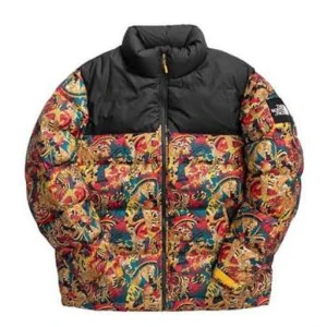 Färgstark dunjacka från The North Face - Säljer en fet dunjacka från The North Face med svart axelparti och färgglatt mönster i rött, gult, blått och grönt. Jackan har hög krage, dragkedja och logga på ärmen. Perfekt för dig som vill sticka ut med en unik look. # exklusive 