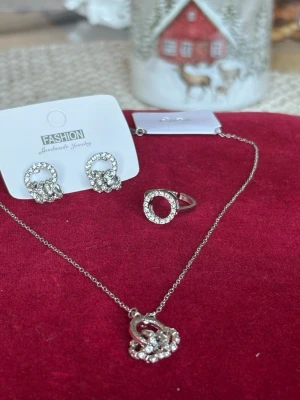 Glittrig silvrig smyckesset med cirklar - Säljer ett snyggt smyckesset i silverfärg med glittriga stenar. Setet innehåller ett halsband med cirkelberlock, ett par örhängen med dubbla cirklar och en matchande ring. Perfekt för dig som gillar bling och vill sticka ut lite extra.