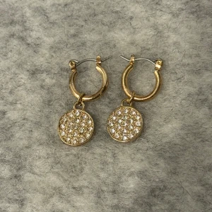 Guldiga örhängen med glittriga stenar - Snygga guldfärgade örhängen med rund hängande berlock täckt av små glittrande stenar på framsidan och slät baksida. Perfekta för dig som vill ha lite extra bling i vardagen. Klassisk rund form och enkel stängning.