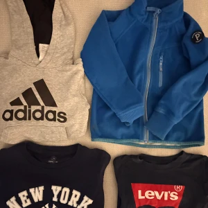  Adidas hoodie, Levi’s o NY Yankees t-shirt, PoP fleece  - Snygg grå hoodie från Adidas med stor svart logga framtill. Tröjan har huva, långa ärmar och en klassisk känguruficka. Perfekt för en sportig och avslappnad stil. Mjuk bomullsblandning och ribbade muddar för extra komfort.