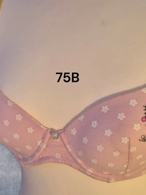 Hello Kitty rosa blommig bh 75B - Supersöt rosa bh med vita små blommor och Hello Kitty-tryck på ena sidan. Bh:n har gula justerbara axelband och en liten blomformad knapp framtill. Perfekt för dig som gillar gulliga detaljer och vill ha något unikt i underklädeslådan. 