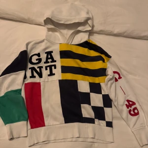 Färgglad unik hoodie från GANT med tryck - Säljer en unik hoodie från GANT med coolt blockmönster i vitt, svart, gul, röd och grön. Framsidan har stora broderade bokstäver, randiga och rutiga detaljer samt tryck på ena ärmen. Tröjan har huva och långa ärmar, tillverkad i mjuk bomull.