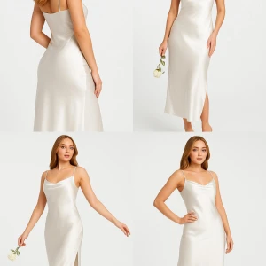 Champagnefärgad långklänning  - Säljer en elegant långklänning i champagnefärgad satin liknande material. Med smala axelband och mjukt draperad v-ringning. Klänningen har slits på sidorna och en stilren, figurnära passform som ger en lyxig känsla. Perfekt för dig som vill ha en enkel men sofistikerad look.