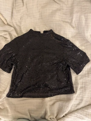 Svart paljettopp med kort ärm - Säljer en svart topp täckt av glittrande paljetter. Modellen är croppad med korta ärmar och hög hals. Perfekt för dig som vill sticka ut med en riktigt snygg och glittrig look. Toppen har en rak passform och stängs med dragkedja i nacken.