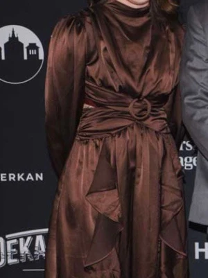 Brun långklänning med volang och ringdetalj - Säljer en elegant brun långklänning från boohoo med glansigt satinmaterial, volangdetaljer och markerad midja med stor ringdetalj framtill. Klänningen har långärmade puffärmar, hög hals och snygga cut-outs vid midjan. Perfekt för dig som vill sticka ut.