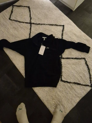 Svart zip hoodie från Lacoste, M/xxs - Svart zip hoodie från Lacoste i regular fit med klassisk krokodillogga på bröstet. Den är storlek m men ditter som xxsTröjan har huva och långa ärmar, perfekt för chill dagar. Materialet är mjukt och känns som bomull, vilket gör den skön att bära. Snygg och enkel design som funkar till det mesta.