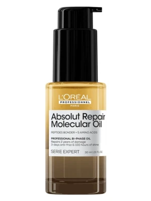 L'Oréal Absolut Repair Molecular Oil - En lyxig olja från L'Oréal Professionnel med peptider och aminosyror. Kommer i en genomskinlig flaska med svart pump och rymmer 30 ml. Oljan är gyllengul och passar för dig som vill ha extra glans och mjukhet till håret. Ord pris 317kr