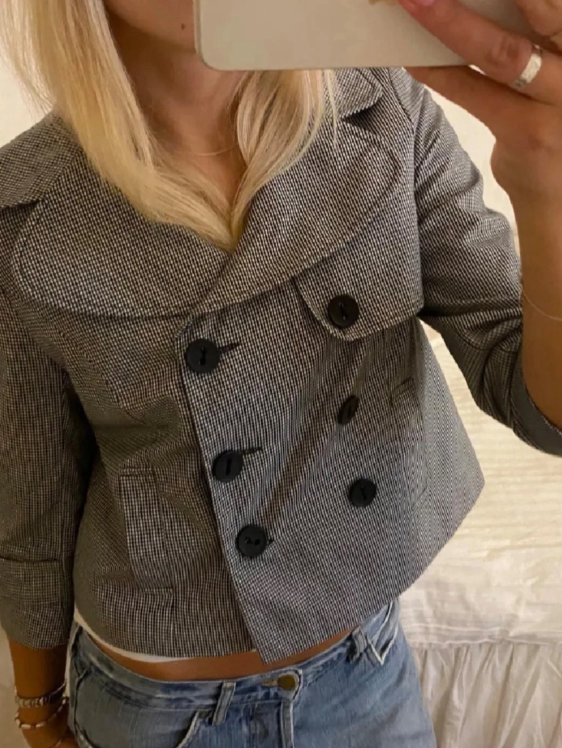 Rutig croppad kavaj med stora knappar - 1