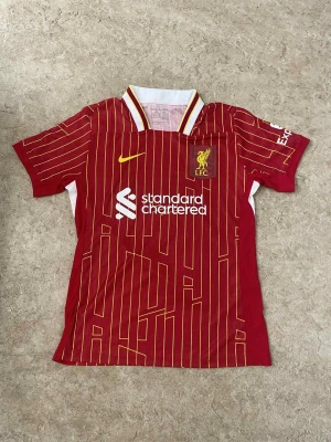 Röd Liverpool fotbollströja Nike - Säljer en röd Liverpool FC fotbollströja från Nike med gula och vita detaljer. Tröjan har ett randigt mönster i gult, vit krage med röda och gula ränder, samt klubbmärke och sponsortryck på bröstet. Perfekt för dig som älskar fotboll och vill visa ditt stöd för Liverpool.
