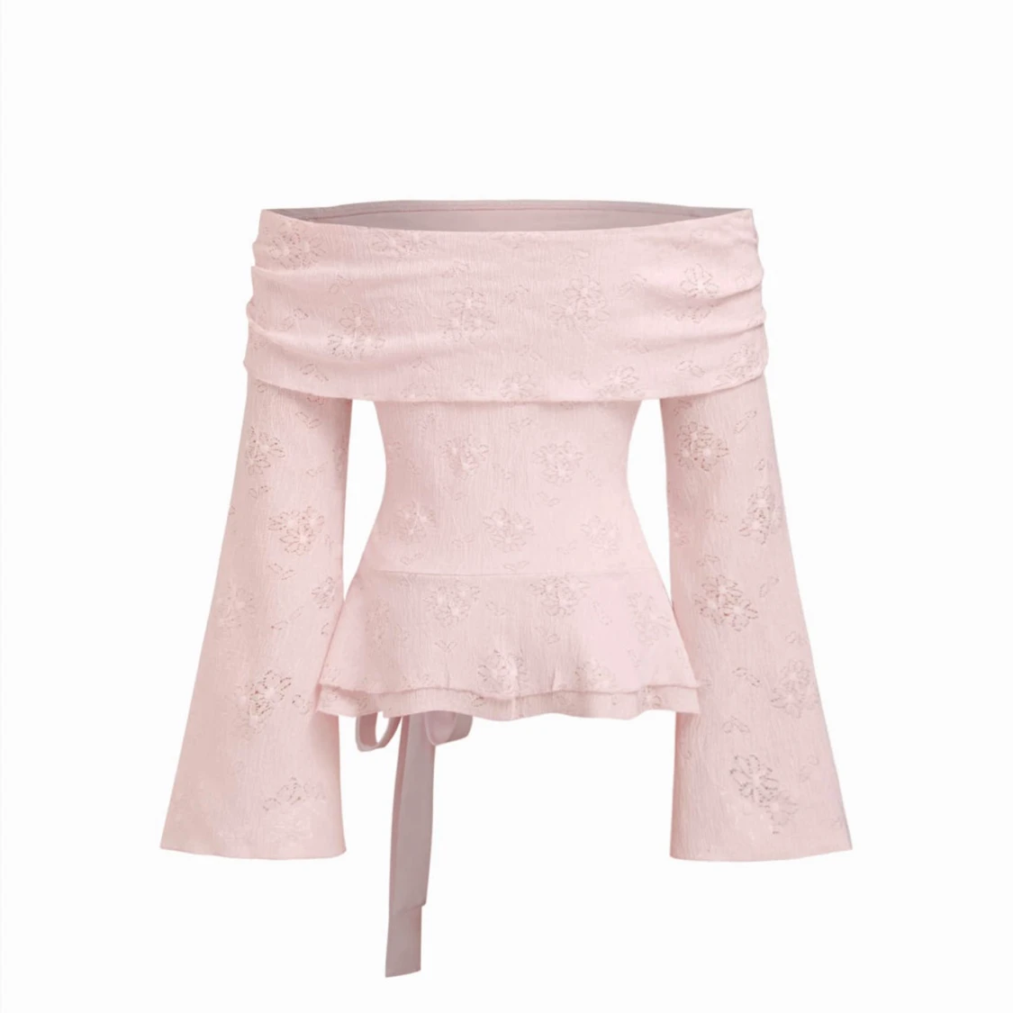 Ljusrosa offshoulder blus med rosett - 1