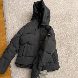 Svart/grå  Canada Goose black label - Säljer en svart dunjacka från Canada Goose i storlek M. Jackan har en hög krage, huva med dragsko och två snedställda fickor framtill. Klassisk patch på ärmen och robust dragkedja. Perfekt för kalla dagar och riktigt snygg streetstil.