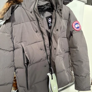 Grå dunjacka från Canada Goose - Säljer en grå dunjacka från Canada Goose med ikonisk patch på ärmen. Jackan har huva med fuskpäls, dragkedja och knappar framtill samt praktiska fickor. Perfekt för kalla vinterdagar och riktigt snygg streetstil. Nyskic 