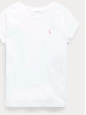 Vit t-shirt från Polo Ralph Lauren - Klassisk vit t-shirt från Polo Ralph Lauren med korta ärmar och rund hals. Diskret rosa broderad logga på bröstet. Tillverkad i mjuk bomull som känns skön mot huden. Perfekt basplagg till alla outfits. Se sista bilden där den har två smink sträck men som syns inte jätte mycket o går nog bort i tvätten med ett bra medel.