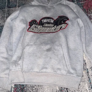 Grå Trapstar hoodie Lincoln Shooters - Säljer en grå hoodie från Trapstar med Lincoln Shooters-tryck och svart pantermotiv på bröstet. Klassisk känguruficka framtill, huva och ribbade muddar. Perfekt för dig som gillar streetwear och vill sticka ut med en unik design.