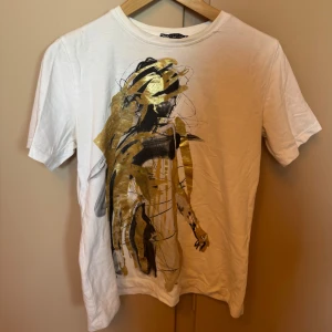 Vit t-shirt med guldtryck från Zara - Vit t-shirt från Zara i bomull med korta ärmar och ett unikt konstnärligt tryck i svart och guld på framsidan. Skön och lätt att bära. Jag säljer denna t - shirten för 200kr + frakt som kunden betalar, pris kan diskuteras.
