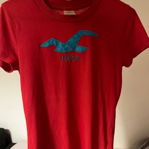 Röd Hollister t-shirt med blå logga - Röd t-shirt från Hollister i bomull med klassisk blå fågellogga och siffran 1922 broderad på bröstet. T-shirten har rund hals och korta ärmar, perfekt för en chill och avslappnad stil.