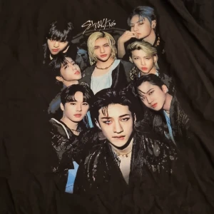 Svart Stray Kids t-shirt Fruit of the Loom - Svart t-shirt från Fruit of the Loom i storlek M med Stray Kids-tryck på framsidan. Klassisk rund hals och korta ärmar. Materialet är mjuk bomull och trycket har färgglada detaljer med bandmedlemmarna. Perfekt för dig som gillar K-pop och vill ha en cool bandtröja.