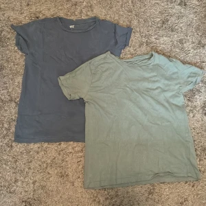 Två basic t-shirts från 157, S - Två enkla t-shirts från 157 i storlek S. Ena är mörkblå och den andra är grön, båda med rund hals och korta ärmar. Perfekt till jeans eller shorts. Materialet känns som mjuk bomull och passformen är normal. Snygga och stilrena utan mönster eller detaljer.
