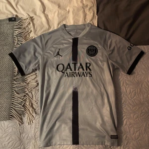 PSG x Jordan grå matchtröja - Snygg PSG fotbollströja i silver från Jordan med svart vertikal rand på framsidan, Paris Saint-Germain-logga på bröstet och Qatar Airways-tryck. Kortärmad modell med svarta detaljer på ärmslut och GOAT-tryck på ena ärmen. Tillverkad i lätt och ventilerande polyester.