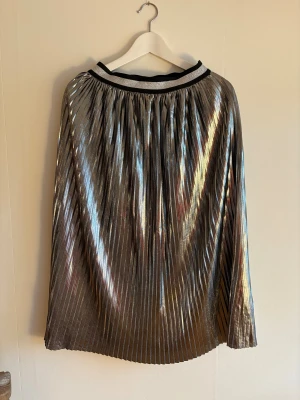 Silverplisserad kjol från KappAhl - Snygg plisserad kjol från KappAhl i metallic silver med svart och glittrig resår i midjan. Kjolen är tillverkad i 100% polyester och har en lång, svepande siluett som ger en cool och trendig look. Perfekt för dig som vill sticka ut med lite extra glans.