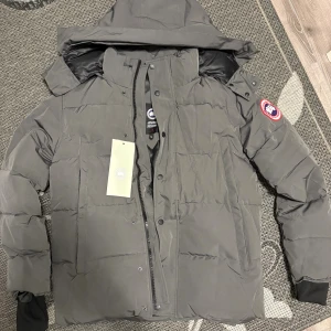 Grå dunjacka från Canada Goose - Säljer en grå dunjacka från Canada Goose med huva och avtagbar fuskpäls. Jackan har klassisk patch på ärmen, dragkedja och knappar framtill samt ribbade muddar vid ärmslut. Perfekt för kalla vinterdagar och har en clean, modern look.