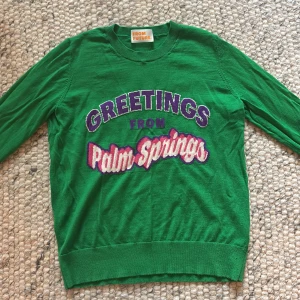 Grön merinoullströja från From Future - Cool grön tröja från From Future i 100% merinoull med trycket 'Greetings from Palm Springs' i lila och rosa på bröstet. Rund hals, ribbade muddar och långärmad. Perfekt statement piece för dig som gillar färg och grafiska prints.Priset är diskuterbart🫰