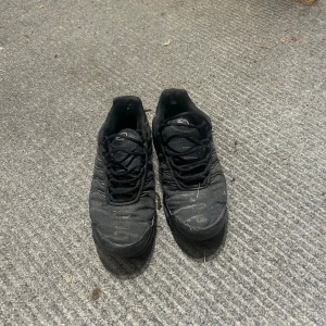 Svarta Nike Air Max Plus Tn sneakers - Nike Air Max Plus Tn sneakers i helsvart med klassisk Tn-logga bak. Skorna har snörning, vågiga detaljer på sidorna och en platt sula. Ovandelen är i syntet och textil, med mesh för extra ventilation. Perfekt för dig som gillar streetwear och sportig stil.