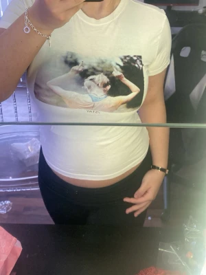 Vit t-shirt med tryck från STAY XS - Säljer en vit t-shirt från STAY i storlek XS. T-shirten har ett stort färgglatt tryck framtill med en person som gör peace-tecken. Klassisk rund hals och korta ärmar. Skön och mjuk i bomull, perfekt till jeans eller shorts.