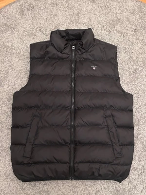 Svart dunväst från Gant - Säljer en svart, quiltad dunväst från Gant med hög krage och dragkedja framtill. Västen har två snedställda fickor och en stilren logga på bröstet. Personligt är det perfekt för lager-på-lager och enkel att matcha till olika outfits. Skick 8/10 och priset är inte huget i sten, hör gärna av er!