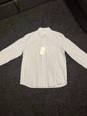 Randig skjorta i linne från Zara - Snygg skjorta från Zara i storlek L, i vitt och blått randigt linne. Säljer pga att den var för liten. Nypris 429kr, priset går att diskutera 